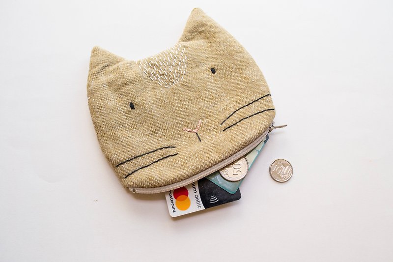 Taupe Cat small zip pouch case - 長短皮夾/錢包 - 棉．麻 卡其色