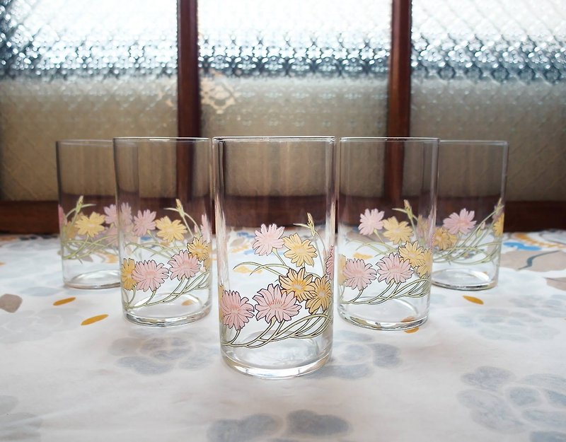 早期印花水杯-波斯菊 (餐具/舊貨/老物/玻璃/圖花/典雅) - 茶具/茶杯 - 玻璃 粉紅色