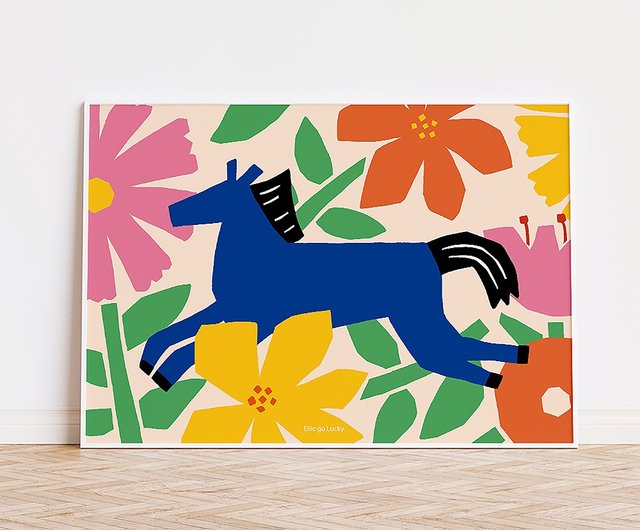 アートプリント 青い馬 イラスト ポスター - ショップ Ellie go lucky