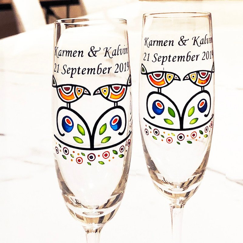 Champagne Glasses - Vintage Bird (Including casting & coloring names & date) - แก้วไวน์ - แก้ว หลากหลายสี