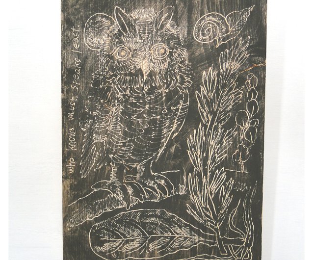 フクロウと深い森のウッドバーニングアート 原画 絵画 植物の絵 木雑貨