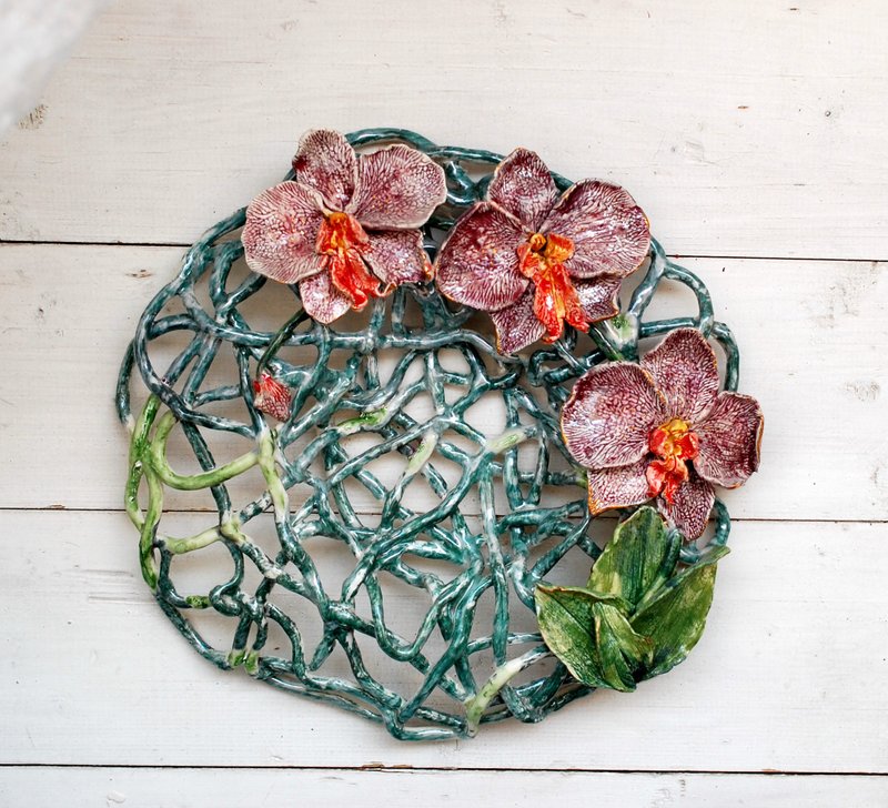 Orchid art plate Candy vase fruit bowl Decorative Centerpiece Wall decor - 花瓶/花器 - 瓷 多色