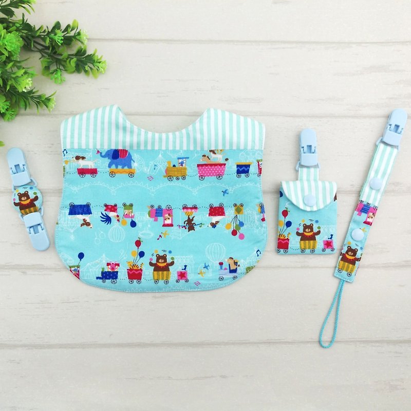 Circus animals. Fu bag + bib + handkerchief clip + pacifier chain + pacifier bag (can be increased by 40 bags) - Baby Gift Sets - Cotton & Hemp Blue