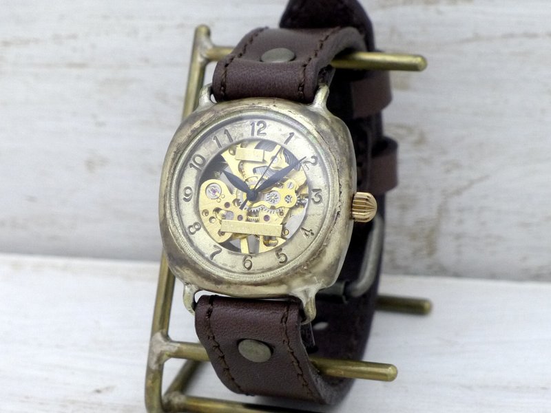手作り腕時計 BHW127 手巻きBrass(真鍮)33mmクッションケース ミシンステッチBR アラビア数字 Hand craft watch - 女錶 - 銅/黃銅 金色