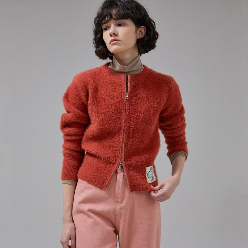 (LINE) Mohair Wool Blend Knit Zip-Up (Red Orange) - 女上衣/長袖上衣 - 羊毛 紅色