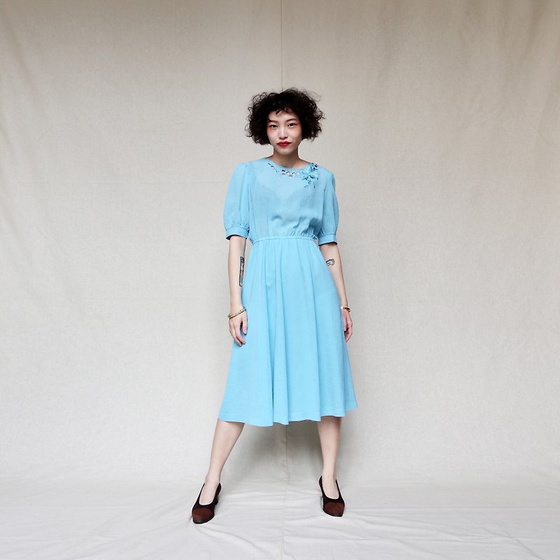 Pumpkin Vintage. Ancient round neck water blue hollow embroidery dress - One Piece Dresses - Other Materials Blue