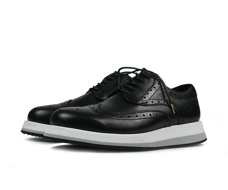 Thick-bottomed casual shoes-RX-132A - รองเท้าลำลองผู้ชาย - หนังแท้ สีดำ