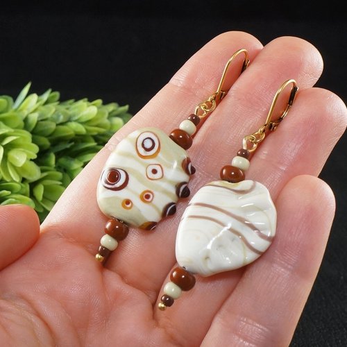 AGATIX Cream White Beige Brown Lampwork Murano Glass Mismatched Shell Earrings Jewelry