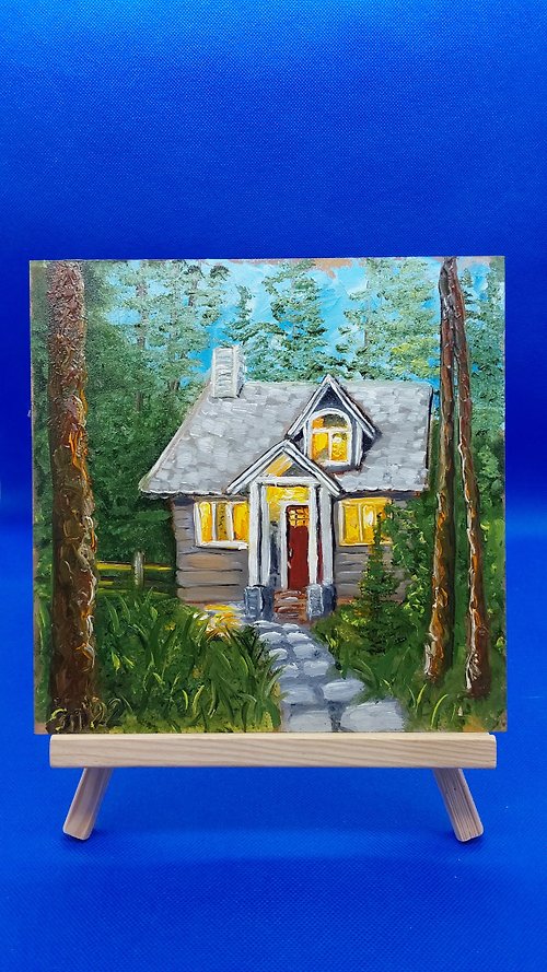CosinessArt Funny Fairytale Forest House #1 Painting, handmade, oil painting for the nursery