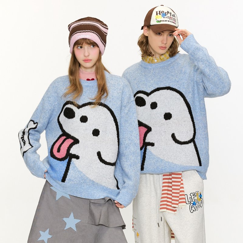 情侶小狗提花情侶毛衣 冬季綿羊毛針織衫 - 男毛衣/針織衫 - 其他材質 藍色