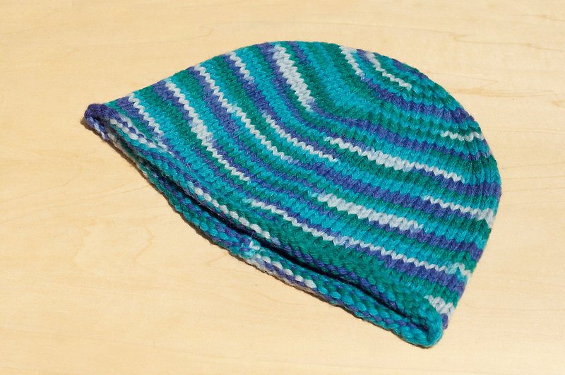 聖誕節禮物 限量一件 手織純羊毛帽 / 針織毛帽 / 手織毛帽 / 毛線帽  (made in nepal) - 漸層藍綠色天空 - 帽子 - 羊毛 藍色