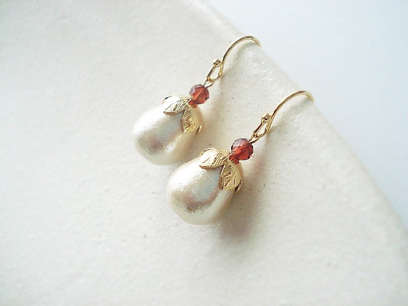 Garnet and drop shaped cotton pearl with leafy cap, hook earrings - Earrings & Clip-ons - Other Metals White