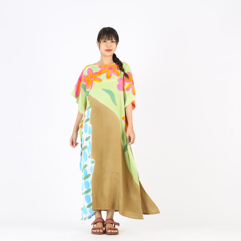 Hand Painted Cotton Silk Kaftan for Summer Resort Vacation - 洋裝/連身裙 - 棉．麻 綠色