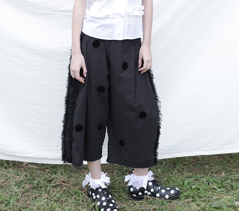Black dotted side flower casual pants-imakokoni - Women's Pants - Cotton & Hemp Red