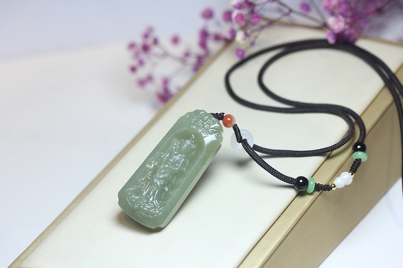 【Standing Lotus Avalokitesvara】Hetian Jade Necklace Charm Jade Pendant - Necklaces - Jade Green