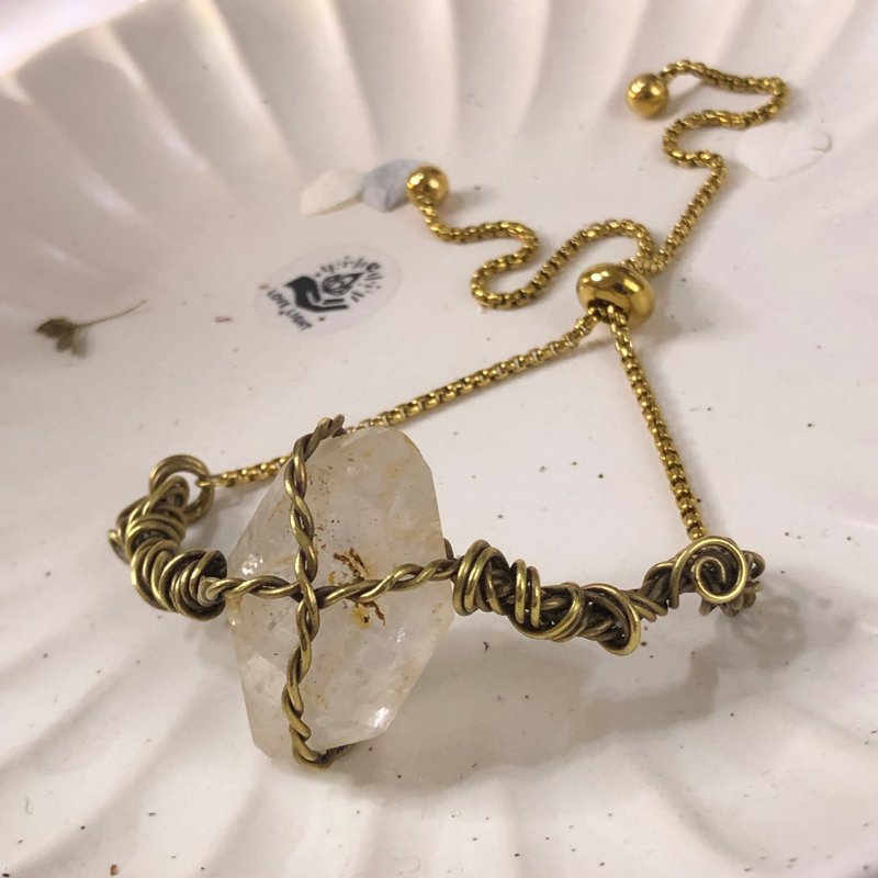 純黃銅白水晶手環 不鏽鋼可調式手鍊 天然水晶 能量純淨 台灣手作 - 手鍊/手環 - 銅/黃銅 金色
