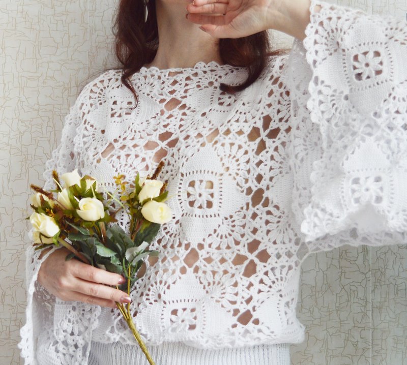 Lace women's crochet jumper. Custom made cotton sweater. Made to order. - Women's Sweaters - Cotton & Hemp White