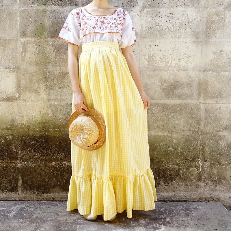 BajuTua / vintage / 70's American country style yellow plaid pink fishtail dress - Skirts - Cotton & Hemp Yellow