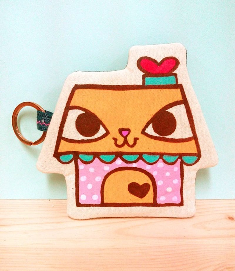 Original brand caring factory cat house hand-painted hand-made quilted multi-purpose coin purse/key case/rest card - กระเป๋าใส่เหรียญ - ผ้าฝ้าย/ผ้าลินิน ขาว