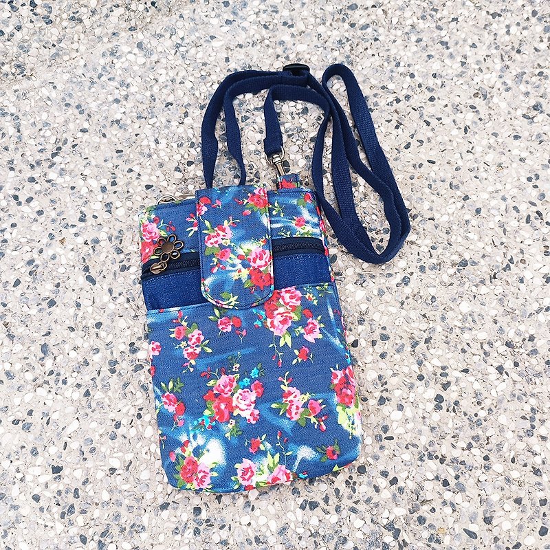 Cell Phone Side Backpack - Denim Rose - กระเป๋าแมสเซนเจอร์ - ผ้าฝ้าย/ผ้าลินิน สีน้ำเงิน