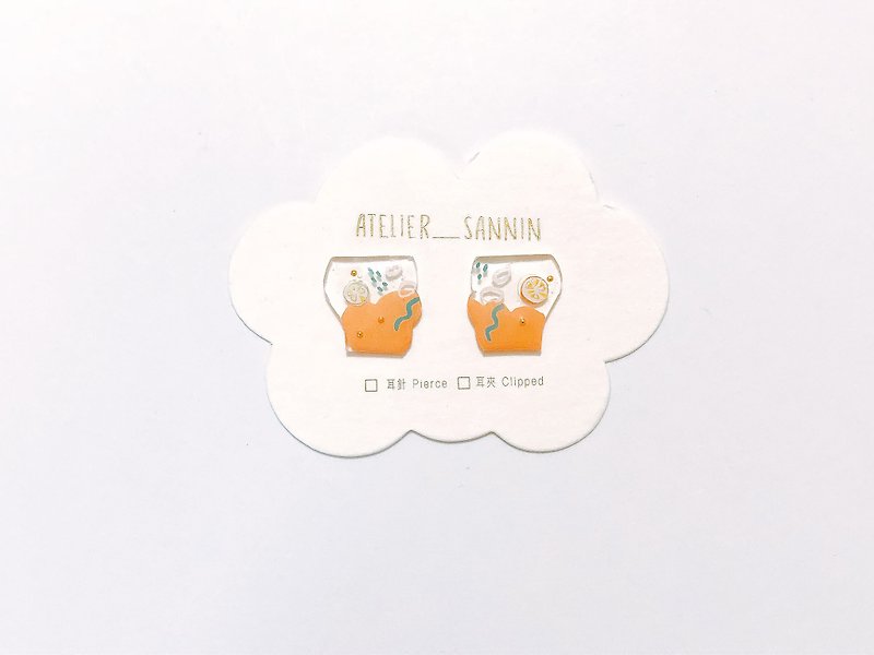 Rest Time Series-Hand-painted Hand-made Hand-made Earrings with Orange Bubble Water and Ear Pins/ Clip-On - ต่างหู - วัสดุอื่นๆ 