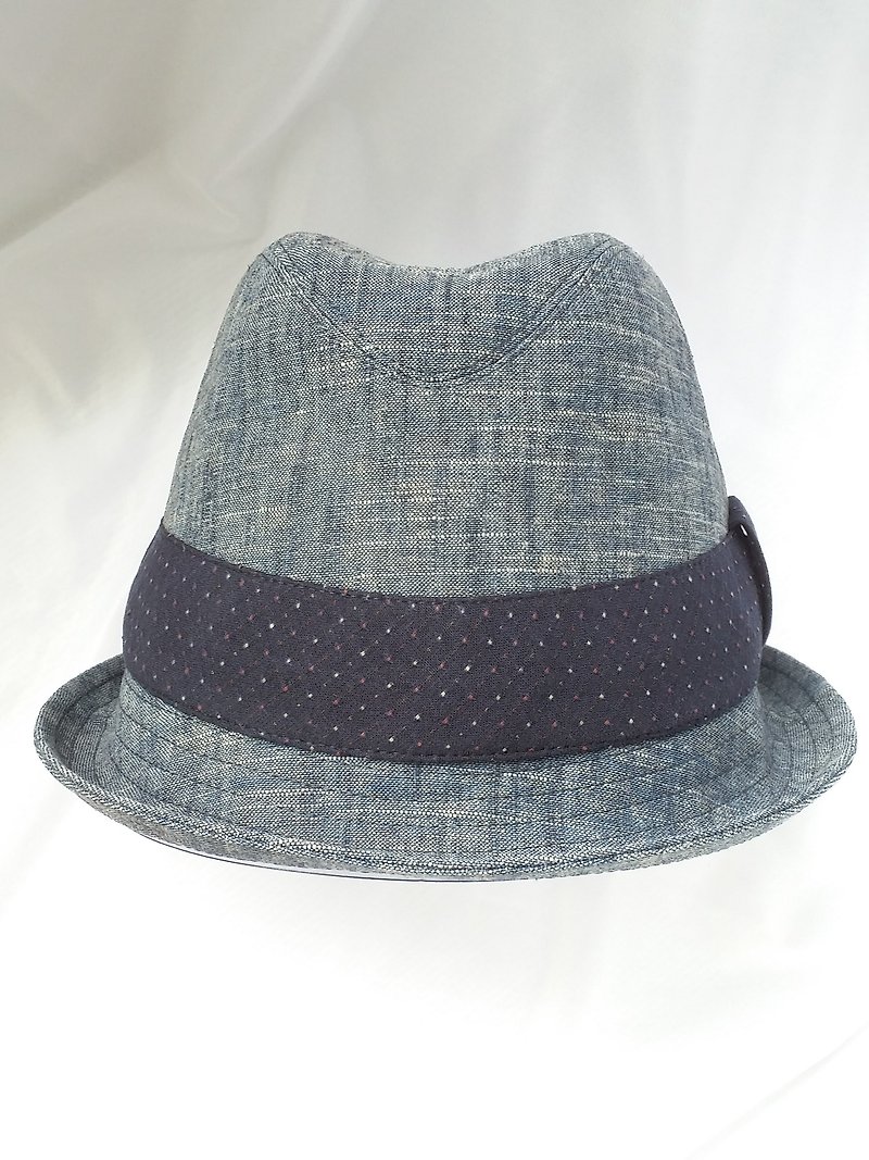 Washed denim blue cotton hemp cap (Fedora) - หมวก - ผ้าฝ้าย/ผ้าลินิน สีน้ำเงิน