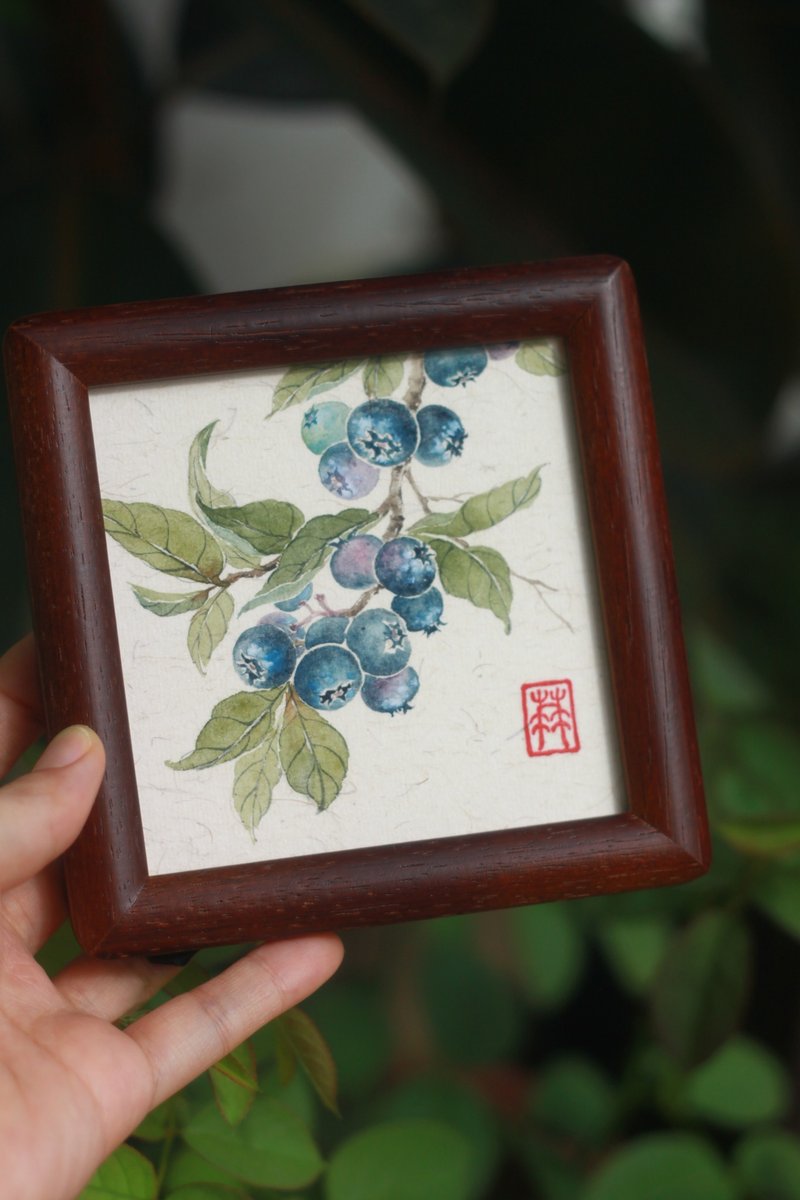 蓝莓樹國畫作品集 | 國畫原作孤品 | 4寸沒骨畫 | 中式擺台 | 實 - 相框/畫框 - 紙 白色