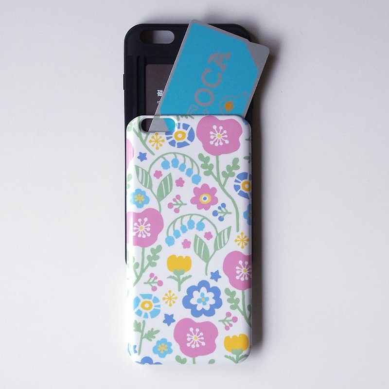 IC card storage iPhone case  - Pastel Floral - - เคส/ซองมือถือ - ซิลิคอน สึชมพู