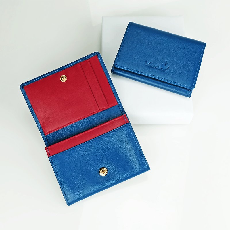Navy Blue & Red Trim: Mini Purse / Cow Leather - 長短皮夾/錢包 - 真皮 藍色