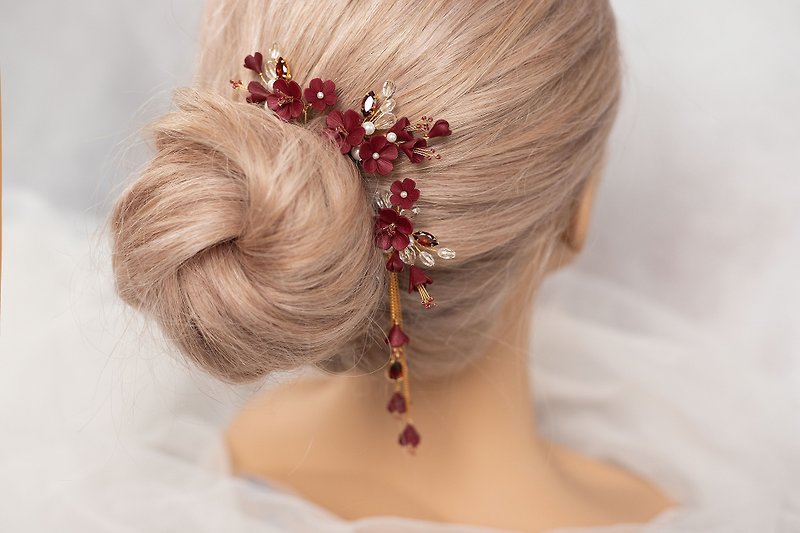 Dark red gold floral hair pin set, Burgundy flower for wedding hairstyle - Hair Accessories - Clay 