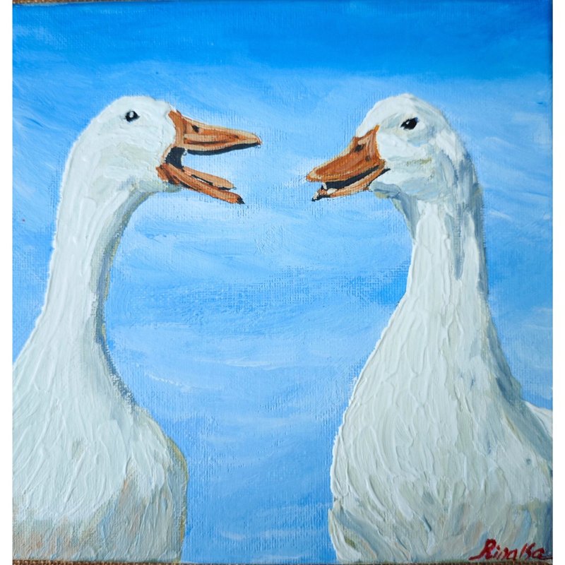 Two White Ducks Origial Painting On Canvas Bird Art  By RinaArtSK - Wall Décor - Other Materials Multicolor