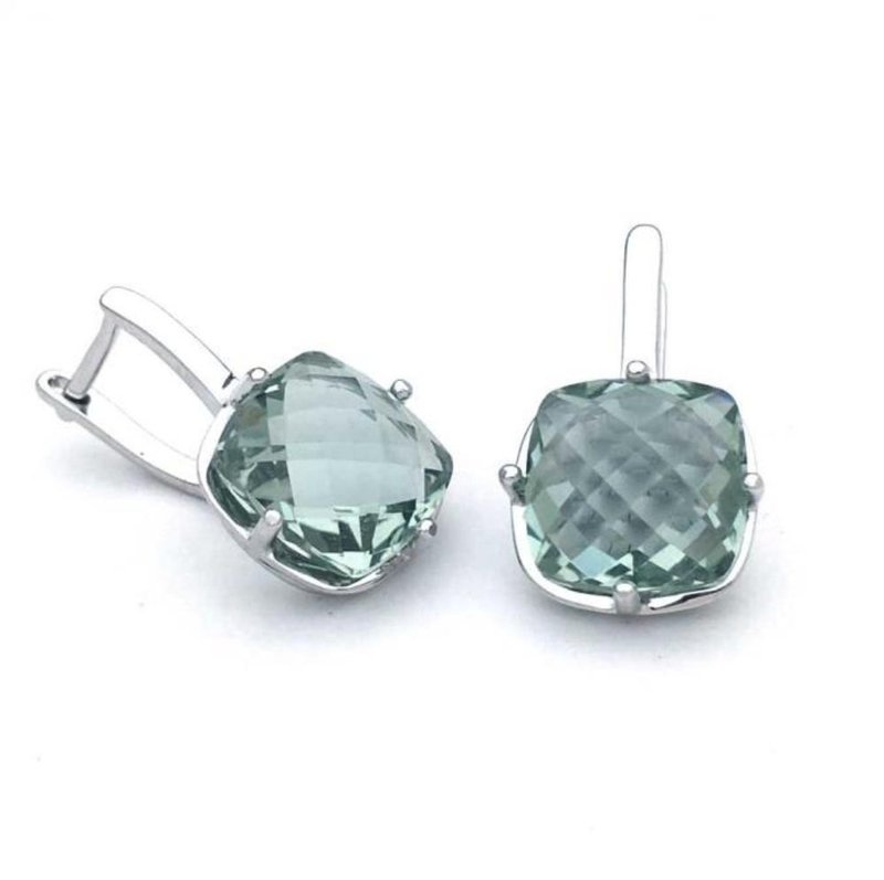 Green Amethyst Earrings, Natural Green Amethyst Drop Earrings, Cushion Cut Stone - Earrings & Clip-ons - Sterling Silver 