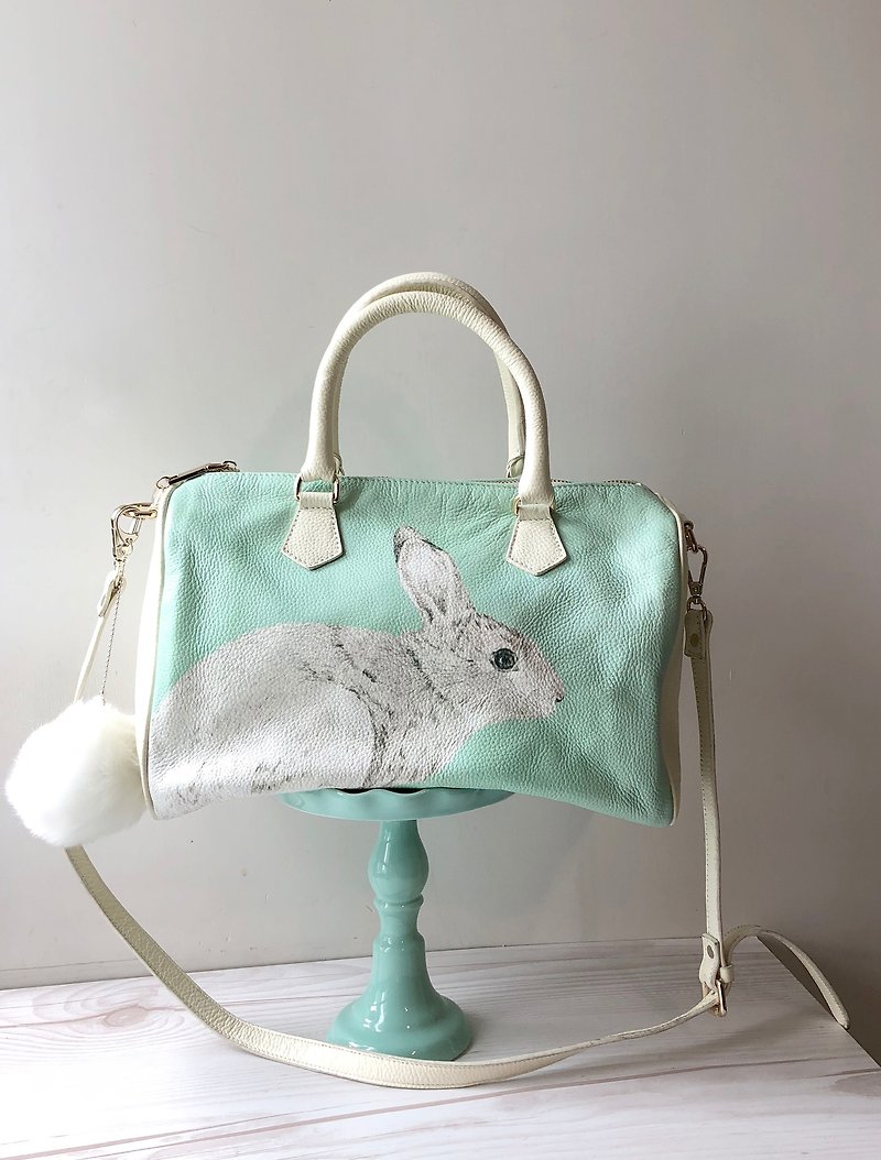 adc | animal | lychee pattern | leather | leather | dual purpose bag | rabbit | Boston bag | bag - กระเป๋าแมสเซนเจอร์ - หนังแท้ สีเขียว