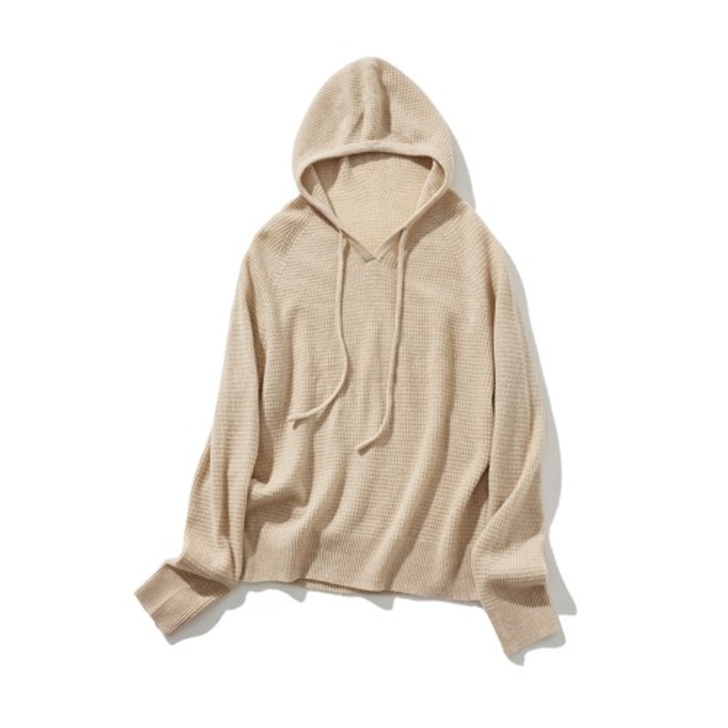 Natural-looking knit hoodie with hood, 100% wool, beige, 231018-3 - เสื้อผู้หญิง - ขนแกะ 