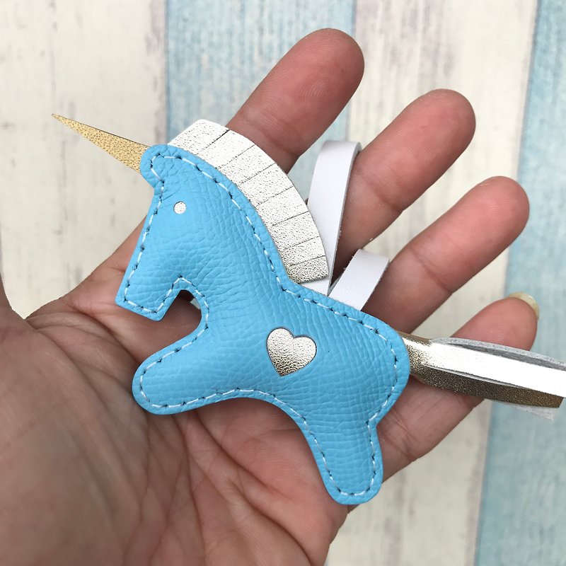 Healing small things light blue unicorn hand-stitched leather charm small size - พวงกุญแจ - หนังแท้ สีน้ำเงิน