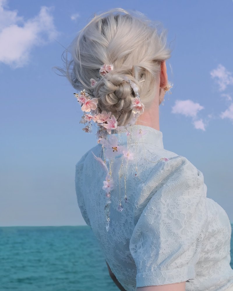 縈繞櫻海髮帶配可拆式水滴垂簾 - 髮夾/髮圈 - 黏土 粉紅色