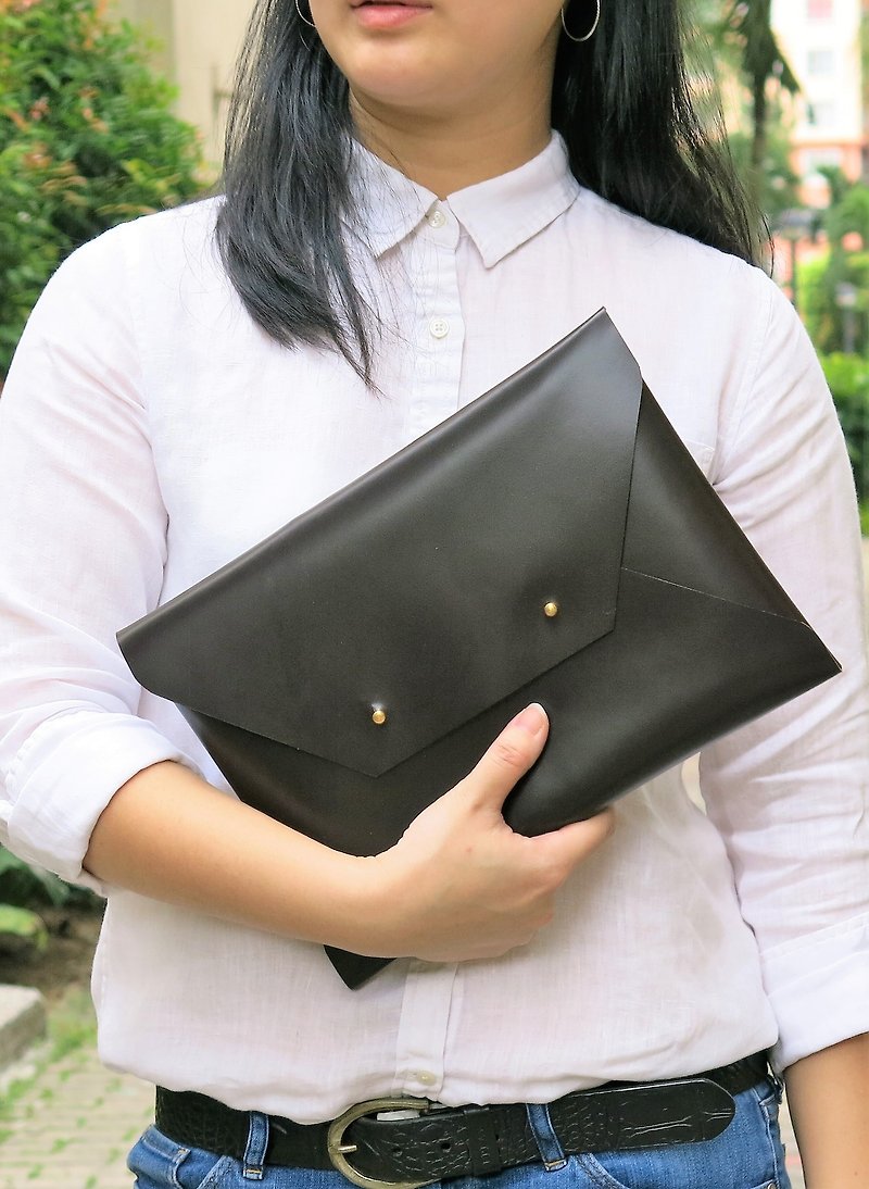 LARGE Dark Brown Leather Envelope Clutch, Bridesmaid clutch, leather bag 