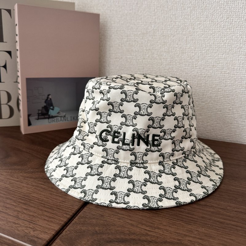 CELINE 賽琳 Triomphe Monogram 棉質 刺繡標誌 布料水桶帽 - 帽子 - 其他材質 白色