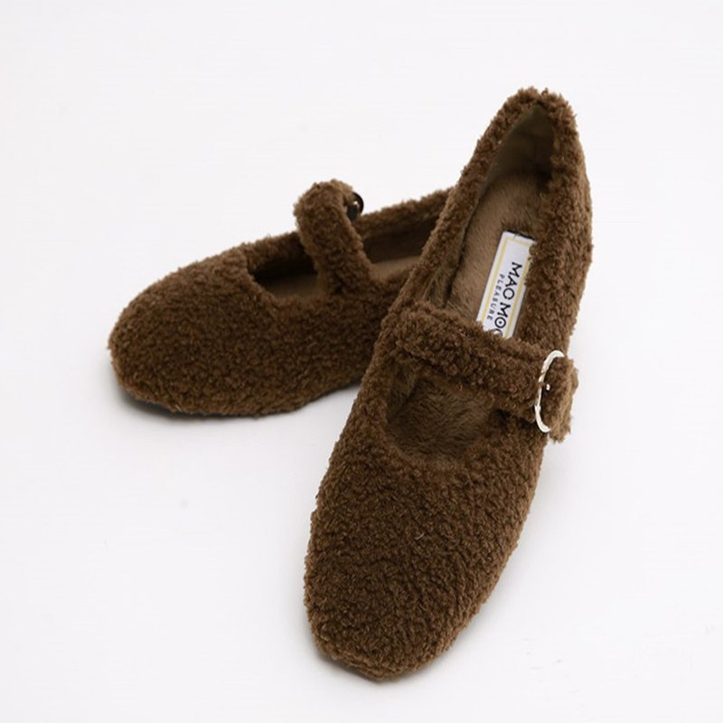 PRE-ORDER 韓國人手製 MACMOC Bow Fluffy fur lining MaryJane Flats Dk brown - Women's Leather Shoes - Other Materials 