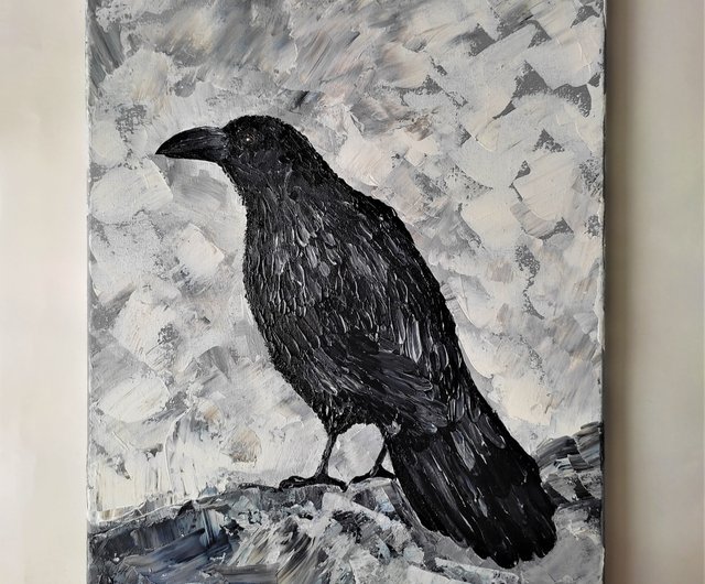 掛絵 カラス絵画 油絵 カラスの壁装飾 アートワーク鳥の絵 ギフト