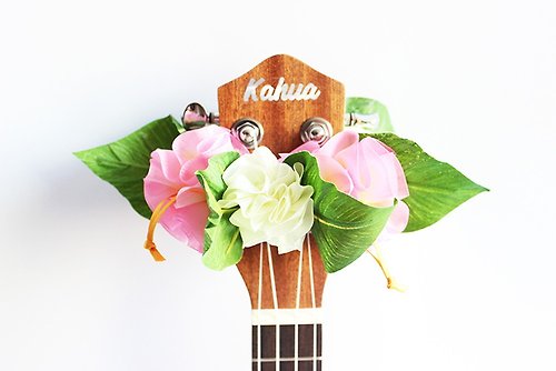 Ukuhappy (Hawaiian Ribbon Accessory) Ukulele lei / Organdie pink hibiscus, gifts, Ribbon leis,