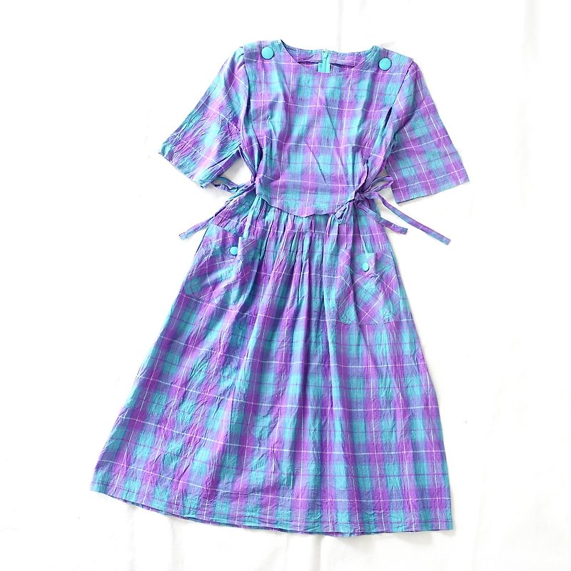 BajuTua /古著/ 紫綠漸層格紋綁帶式洋裝 - 洋裝/連身裙 - 棉．麻 紫色