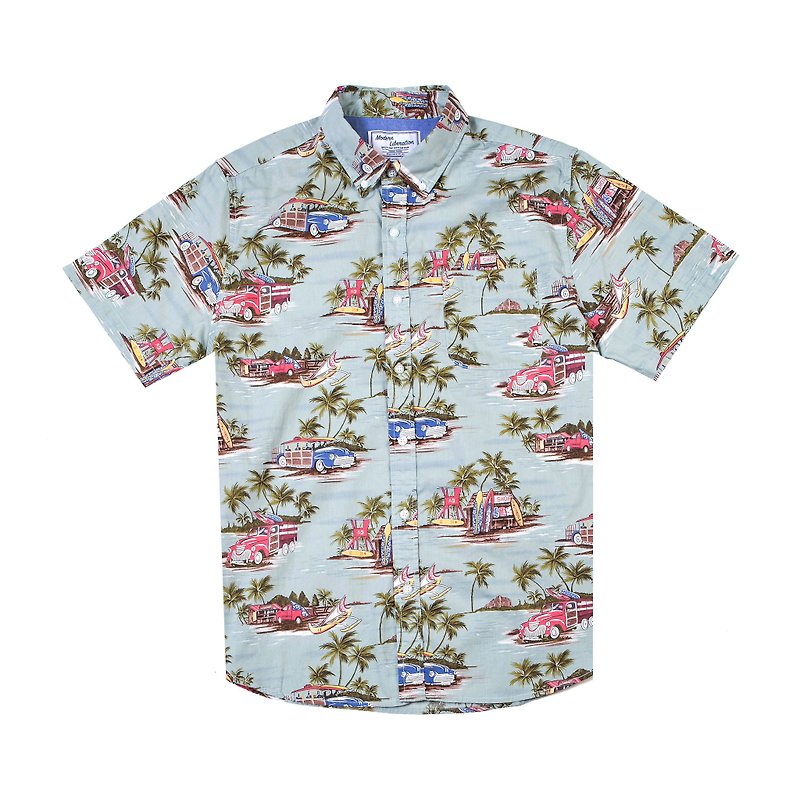 Vintage Beach Shirt - เสื้อเชิ้ตผู้ชาย - ผ้าฝ้าย/ผ้าลินิน สีน้ำเงิน