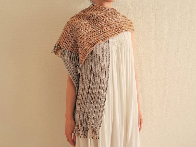 手織りストール　シルクコットン　Gold×Silver　タペストリー　ギフト　Shawl (S) 7　入學   畢業　母親節　禮物　生日禮物 - 絲巾 - 棉．麻 銀色