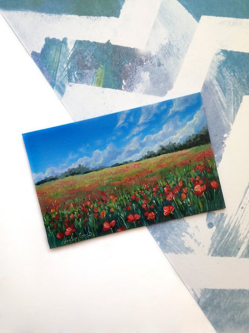 Nastya_RomART The Tuscan poppy landscape. Small landscape. Poppies painting. Flowers painting.