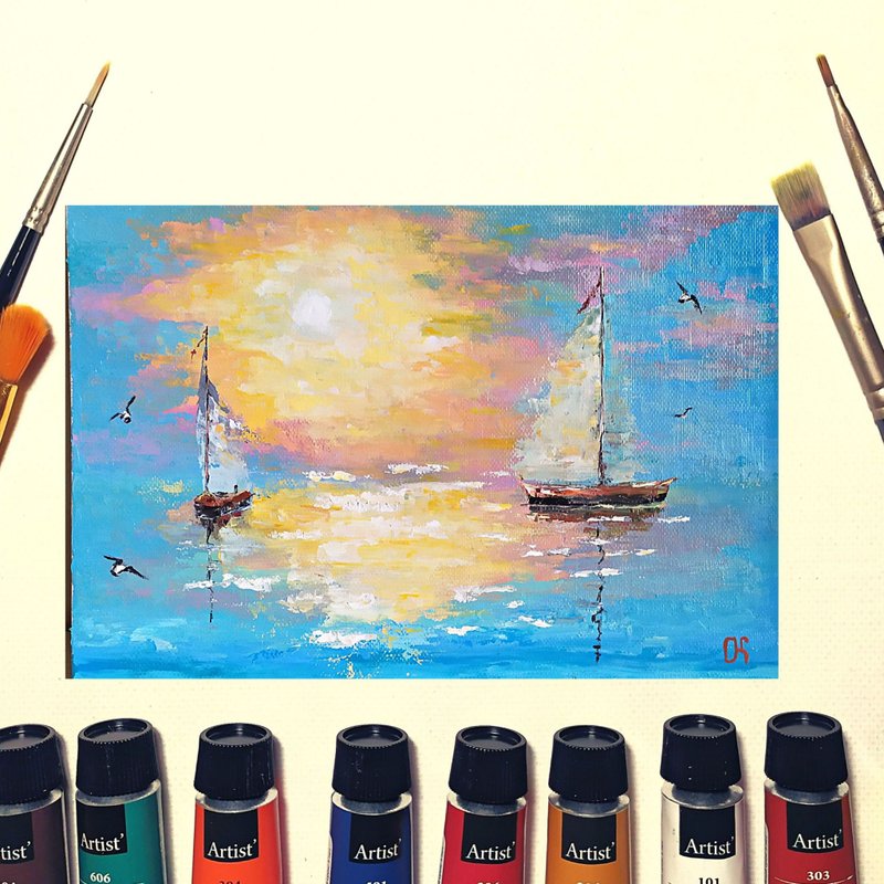 海/ 繪畫/ 手繪油畫/ 原畫/ 油畫/掛畫/ Seascape painting Sailboat Wall art Oil Painting - โปสเตอร์ - วัสดุอีโค หลากหลายสี