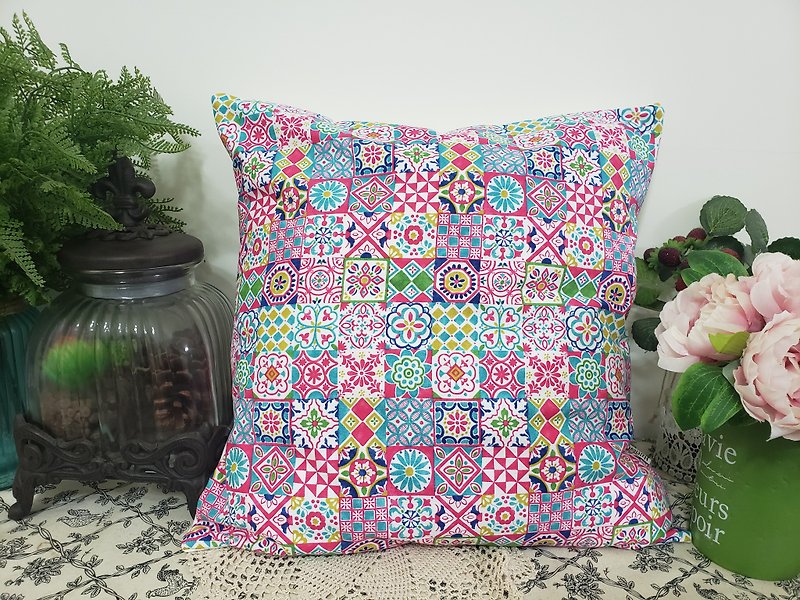 European Flower Tile Style Simple Peach Pink Flower Pattern Throw Pillow Cushion Cushion Pillowcase - Pillows & Cushions - Cotton & Hemp Pink
