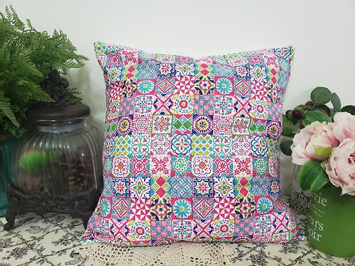 hazelnut 歐式花瓷磚風格簡約桃粉紅色花圖案抱枕靠枕靠墊枕套
