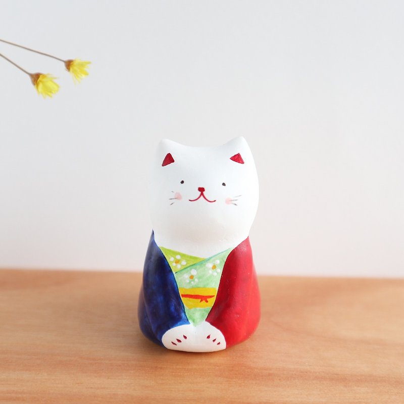 Red blue Japanese clothes cat figurine - Items for Display - Clay Red