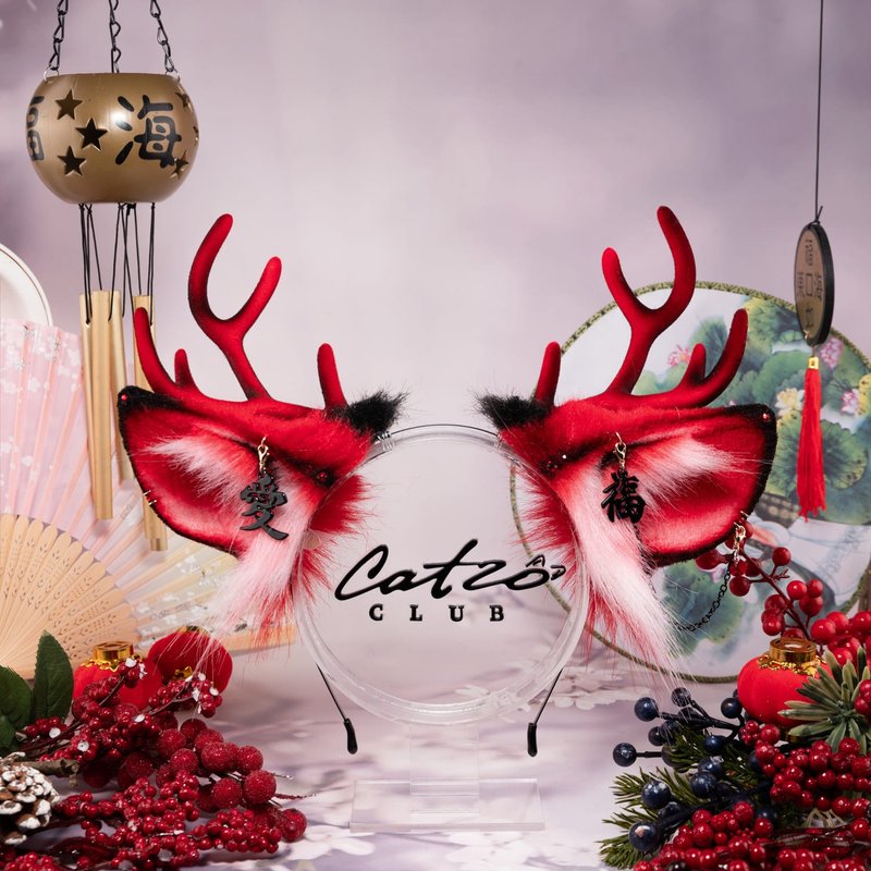 OOAK Chinese Deer Ears - 髮夾/髮圈 - 其他人造纖維 紅色